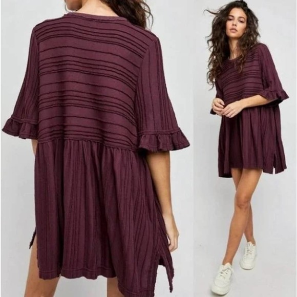 Free People Dresses & Skirts - Free People TAKE A SPIN Black Honey Purple Short Sleeve Tunic Mini Dress XL NWT